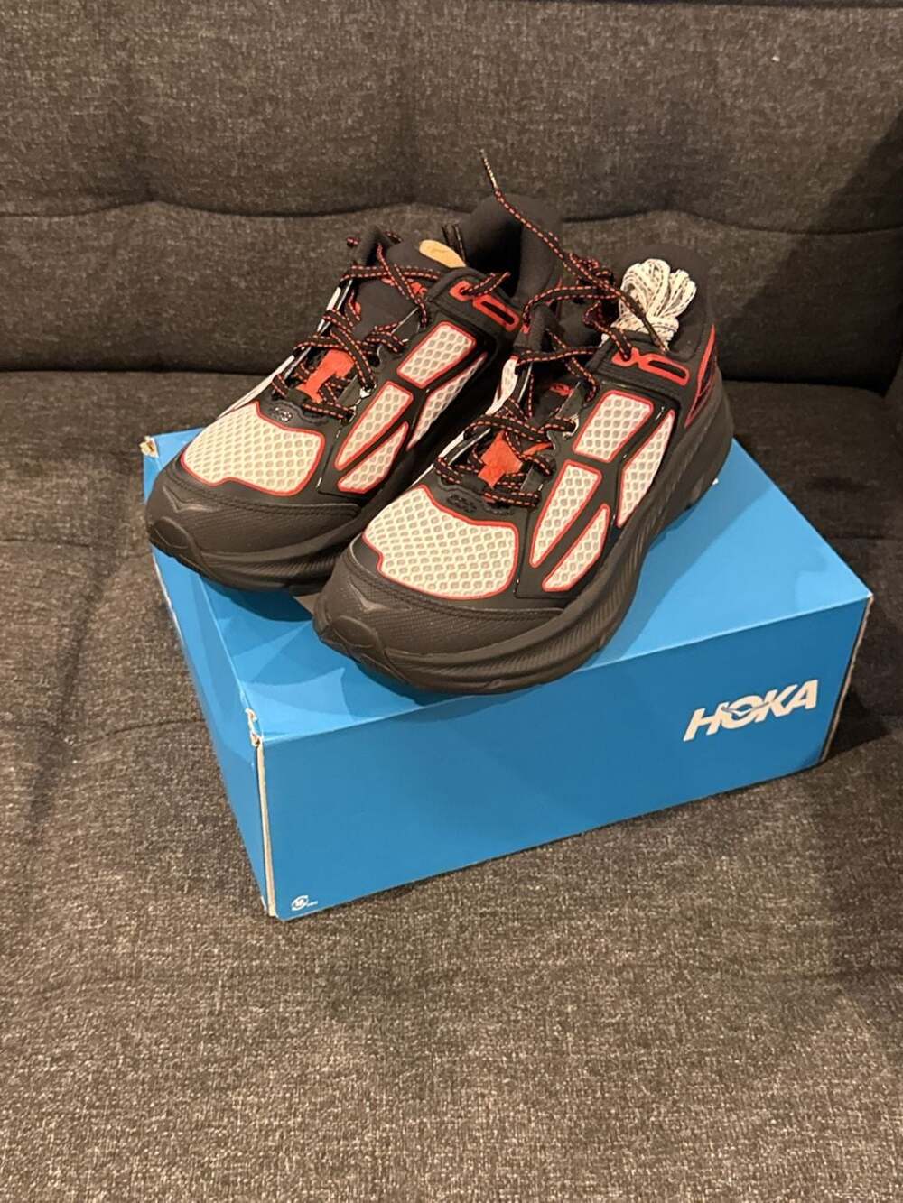 HOKA Clifton One9 Size 8 Black Red Mesh Sneakers